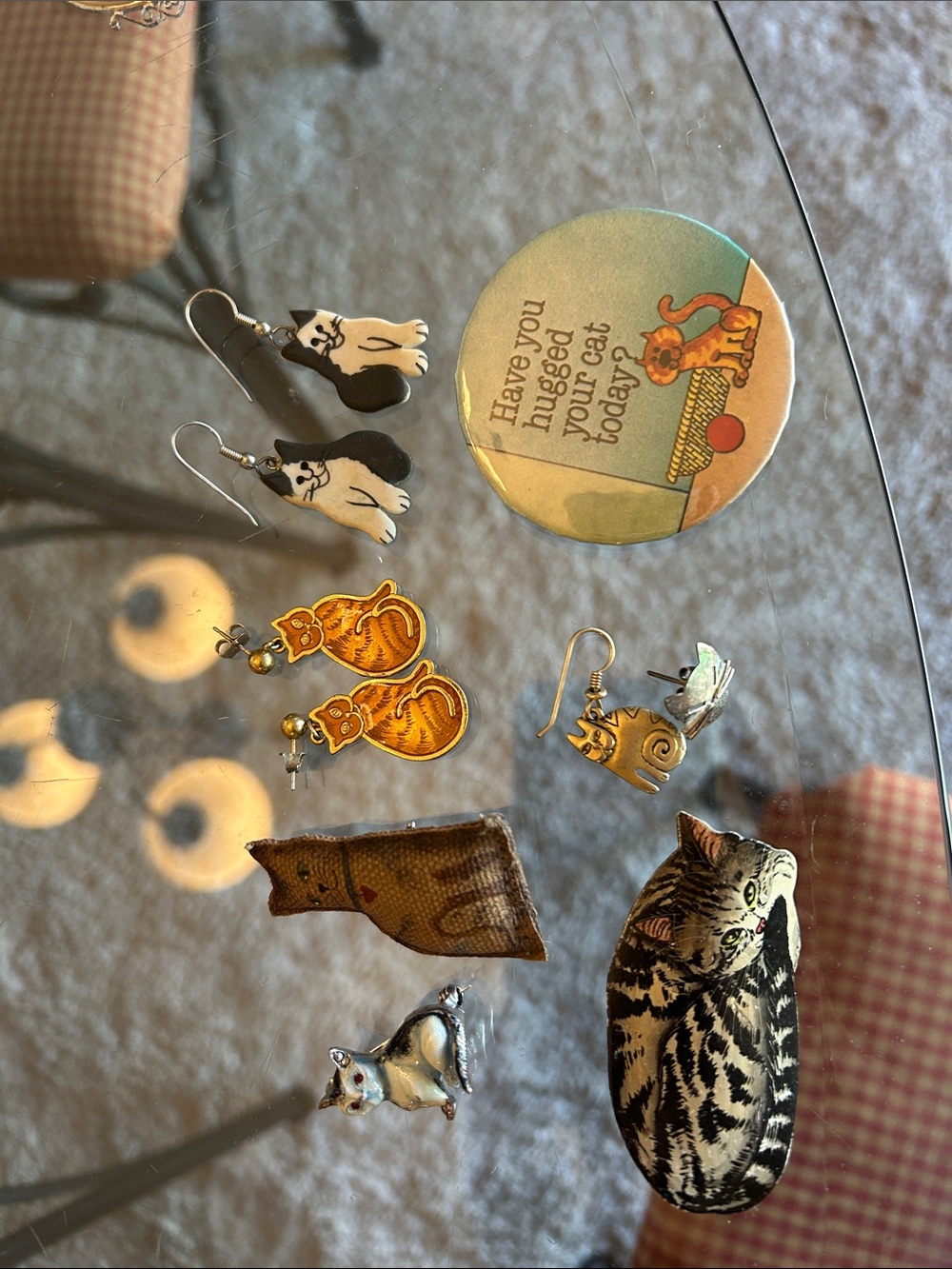 Assorted Cat-Themed Earrings and Pins - Black, White, Orange, Gold